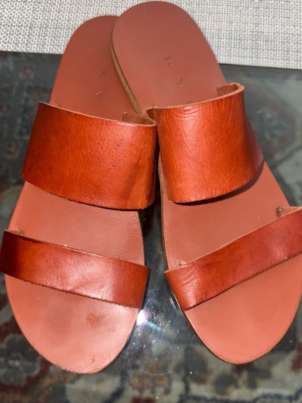 KYMA  Burnt Orange Leather Double-Strap Slide Sandals, made in Greece  size 8.5